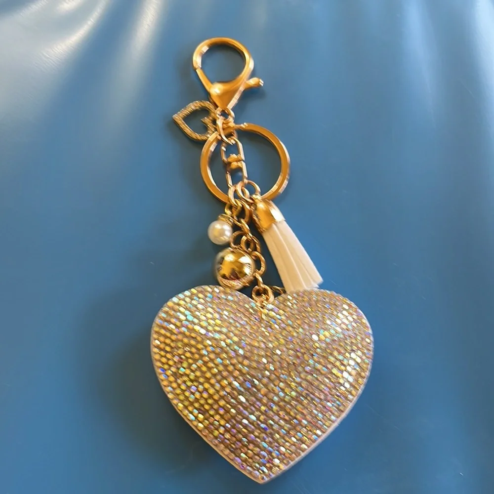 Heart purse charm, key chain, backpack charm. Colors: silver, gold, white - Picture 1 of 5
